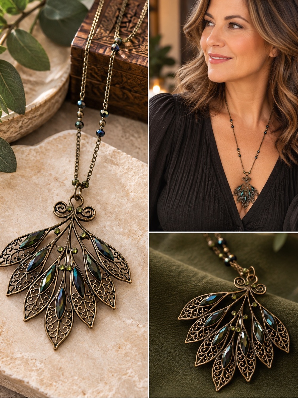 Bohemian Filigree Leaf Pendant Necklace - Olive Green
